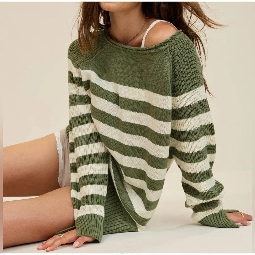Aerie Bistro Striped Knit Sweater Women's Medium Oversize Olive Rolled Neckline